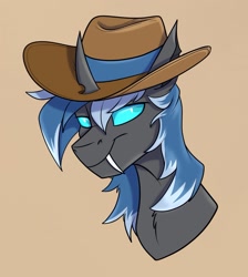 Size: 1193x1333 | Tagged: safe, artist:rutkotka, imported from derpibooru, oc, oc only, changeling, commission, cowboy hat, hat, simple background, solo, tan background, ych result