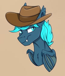 Size: 1269x1481 | Tagged: safe, artist:rutkotka, imported from derpibooru, oc, oc only, bat pony, pony, commission, cowboy hat, hat, simple background, solo, tan background, ych result