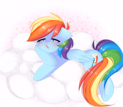 Size: 8000x6981 | Tagged: safe, artist:arwencuack, imported from derpibooru, rainbow dash, pegasus, pony, absurd resolution, backwards cutie mark, blushing, cloud, commission, eyebrows, eyebrows visible through hair, eyes closed, female, lying down, lying on a cloud, mare, on a cloud, open mouth, prone, sleeping, sleepy, solo