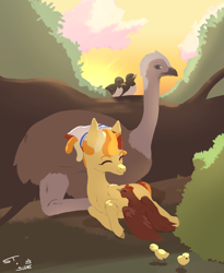 Size: 2461x3005 | Tagged: safe, artist:slimeprnicess, artist:storyteller, imported from derpibooru, oc, oc only, oc:omelette, bird, chicken, earth pony, ostrich, animal, chicks, collaboration, colt, earth pony oc, foal, high res, lying down, male, on side, signature, smiling, sunset, tree