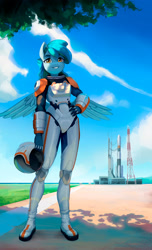 Size: 2000x3279 | Tagged: safe, artist:mrscroup, imported from derpibooru, oc, oc only, oc:siriusnavigator, anthro, pegasus, plantigrade anthro, astronaut, hand on hip, looking at you, rocket, smiling, solo, spacesuit, spread wings, wings