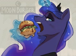 Size: 4096x3043 | Tagged: safe, artist:cadillac-dynamite, imported from derpibooru, princess luna, alicorn, pony, equestria at war mod, burger, eating, food, levitation, magic, majestic as fuck, solo, telekinesis