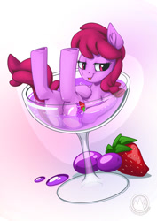 Size: 955x1351 | Tagged: safe, alternate version, artist:mysticalpha, imported from derpibooru, berry punch, berryshine, earth pony, pony, alcohol, bedroom eyes, berry, butt, digital art, drunk, female, food, glass, go home you're drunk, looking at you, mare, open mouth, plot, solo, strawberry, tail, wine, wine glass