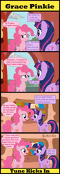 Size: 3230x9250 | Tagged: safe, artist:gutovi, imported from derpibooru, derpy hooves, pinkie pie, twilight sparkle, earth pony, pegasus, pony, unicorn, comic:grace pinkie, asking, book, bookshelf, butt, cloud, comic, dialogue, egg, eyes closed, female, golden oaks library, grace kelly (song), horn, implied rarity, implied spike, mare, mika, parody, plot, sky, smiling, song reference, speech bubble, text, twibutt, unicorn twilight, wings, yawn