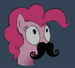 Size: 904x815 | Tagged: safe, artist:splerp, imported from derpibooru, pinkie pie, earth pony, pony, blue background, bust, facial hair, female, mare, moustache, simple background