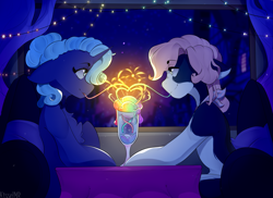Size: 3501x2544 | Tagged: safe, artist:kisselmr, imported from derpibooru, oc, oc:angel, oc:thierry, earth pony, pony, unicorn, chest fluff, commission, couple, drinking straw, floppy ears, male, romance, smiling