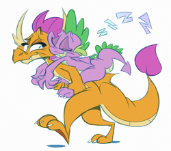 Size: 1446x1280 | Tagged: safe, artist:spicytacozzz, imported from derpibooru, smolder, spike, dragon, carrying, dragoness, female, onomatopoeia, simple background, sleeping, sound effects, white background, zzz