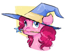 Size: 667x503 | Tagged: safe, artist:fr0st__bit3, imported from derpibooru, pinkie pie, earth pony, pony, hat, looking at you, magic wand, mouth hold, simple background, solo, white background, wizard hat
