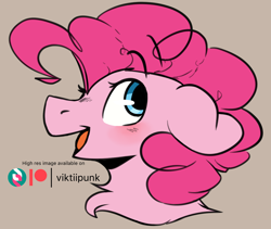 Size: 1330x1122 | Tagged: safe, artist:viktiipunk, imported from derpibooru, pinkie pie, earth pony, pony, blushing, bust, curly hair, ears back, female, looking up, mare, open mouth, smiling, solo