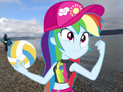 Size: 2828x2121 | Tagged: safe, artist:cloudy glow, artist:wynterstar93, imported from derpibooru, rainbow dash, human, equestria girls, beach, cap, equestria girls in real life, female, hat, high res, irl, photo, sports, volleyball