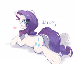 Size: 2675x2210 | Tagged: safe, artist:kqaii, imported from derpibooru, rarity, pony, unicorn, blushing, butt, darling, dock, female, heart, looking at you, looking back, looking back at you, lying down, mare, plot, prone, rearity, simple background, smiling, smiling at you, solo, tail, underhoof, white background