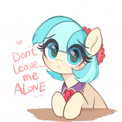 Size: 1284x1284 | Tagged: safe, artist:kqaii, imported from derpibooru, coco pommel, earth pony, pony, :<, :c, blue eyes, blushing, bronybait, cocobetes, cute, dialogue, eye clipping through hair, female, frown, headdress, heart, looking at you, mare, necktie, raised hoof, sad, sadorable, short hair, simple background, solo, talking to viewer, text, white background