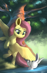 Size: 3200x4900 | Tagged: safe, artist:auroriia, imported from derpibooru, fluttershy, pegasus, pony, rabbit, :o, animal, cute, female, high res, leg fluff, mare, open mouth, river, shyabetes, solo, spread wings, tree, water, wing hands, wings