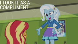 Size: 1280x720 | Tagged: safe, edit, edited screencap, editor:quoterific, imported from derpibooru, screencap, sunset shimmer, trixie, human, equestria girls, equestria girls series, forgotten friendship, clothes, cutie mark on clothes, duo, duo female, female, hairpin, hallway, jacket, lockers, open mouth, open smile, poster, smiling, text