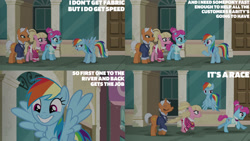 Size: 1280x720 | Tagged: safe, edit, edited screencap, editor:quoterific, imported from derpibooru, screencap, bleeding heart, blue bobbin, rainbow dash, starke kragen, earth pony, pegasus, pony, unicorn, season 6, the saddle row review, eyes closed, female, flying, grin, mare, open mouth, open smile, smiling, spread wings, text, walking, wings