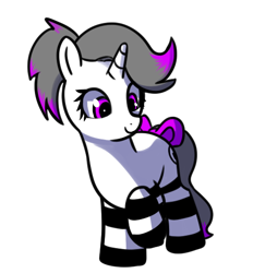 Size: 486x524 | Tagged: safe, artist:neuro, imported from derpibooru, oc, oc only, oc:hazel radiate, pony, unicorn, bow, clothes, cute, eyelashes, female, filly, foal, highlights, horn, mare, ponytail, purple eyes, simple background, smiling, socks, solo, striped socks, tail, tail bow, transparent background, unicorn oc