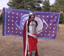 Size: 1648x1439 | Tagged: safe, imported from derpibooru, photographer:unnamed-doctor, king sombra, human, 2015, bronukon, clothes, cosplay, costume, equestrian flag, humanized, irl, irl human, photo, solo, ukraine