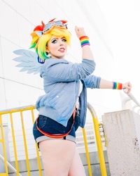 Size: 1080x1349 | Tagged: safe, artist:roseygcosplay, imported from derpibooru, rainbow dash, human, clothes, cosplay, costume, goggles, irl, irl human, multicolored hair, photo, rainbow hair, solo