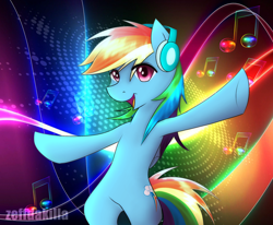 Size: 1942x1603 | Tagged: safe, artist:zeffdakilla, imported from derpibooru, rainbow dash, pegasus, pony, abstract background, arms in the air, bipedal, headphones, looking at you, music notes, neon, rainbow, smiling, smiling at you, solo, standing