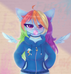 Size: 2300x2400 | Tagged: safe, artist:saltyvity, imported from derpibooru, rainbow dash, anthro, pegasus, rainbow rocks, blue pony, blushing, bubble, bubblegum, clothes, cool, cute, dashabetes, ear fluff, ear piercing, earring, embarrassed, female, floating wings, food, gold, graffiti, gum, hand in pocket, high res, hoodie, jewelry, multicolored hair, piercing, pink eyes, rainbow, rainbow hair, solo, wings