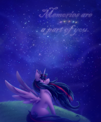 Size: 1000x1200 | Tagged: safe, artist:saltyvity, imported from derpibooru, twilight sparkle, alicorn, pony, the last problem, blue hair, blushing, chest fluff, crying, fanart, female, grass, immortality blues, implied applejack, implied fluttershy, implied pinkie pie, implied rainbow dash, implied rarity, mare, memories, night, purple eyes, sad, sky, solo, sparkles, spread wings, stars, tears of sadness, the cosmos, twilight sparkle (alicorn), wings