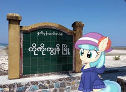 Size: 548x404 | Tagged: safe, artist:cyanlightning, edit, imported from derpibooru, coco pommel, earth pony, pony, burmese, coco islands, hat, irl, myanmar, photo, ponies in real life, pun