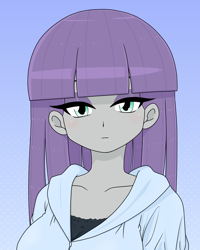 Size: 1280x1600 | Tagged: safe, alternate version, artist:batipin, imported from derpibooru, maud pie, human, equestria girls, bangs, breasts, busty maud pie, clothes, coat, collarbone, cyan eyes, expressionless face, eyeshadow, female, long hair, looking at you, makeup, purple eyeshadow, solo