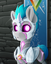 Size: 4000x5000 | Tagged: safe, artist:rainbowfire, imported from derpibooru, iron will, oc, earth pony, golem, pony, robot, robot pony, armor, armorarity, banner, blue mane, castle, cute, gold, guardians of pondonia, knight, looking at you, magic, male, medallion, purple eyes, solo, stallion, stone wall