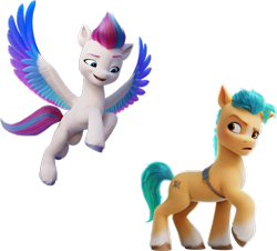 Size: 939x849 | Tagged: safe, imported from derpibooru, hitch trailblazer, zipp storm, earth pony, pegasus, pony, duo, duo male and female, eyes on the prize, female, flying, g5, looking back, looking down, male, mare, open mouth, raised eyebrow, raised hoof, simple background, smiling, smirk, spread wings, stallion, transparent background, wings