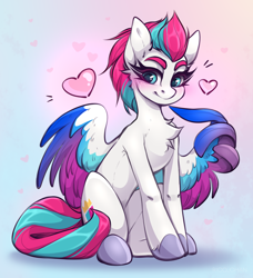 Size: 1756x1922 | Tagged: safe, artist:rico_chan, imported from derpibooru, zipp storm, pegasus, pony, adorazipp, blushing, chest fluff, colored wings, cute, female, g5, gradient background, heart, looking at you, mare, multicolored wings, shadow, sitting, sketch, smiling, smiling at you, solo, spread wings, wing hands, wings
