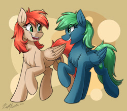 Size: 3200x2800 | Tagged: safe, artist:kaylerustone, imported from derpibooru, oc, oc only, oc:emerald, oc:firefly, pegasus, pony, abstract background, chest fluff, eye clipping through hair, female, looking at each other, looking at someone, mare, open mouth, open smile, raised hoof, raised leg, simple background, smiling, smiling at each other