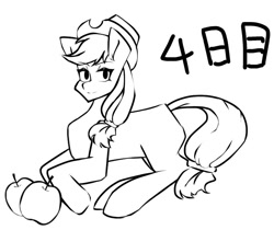 Size: 857x721 | Tagged: safe, artist:mugitya012, imported from derpibooru, applejack, earth pony, pony, apple, applejack's hat, black and white, cowboy hat, female, food, grayscale, hat, japanese, looking at you, mare, monochrome, simple background, solo, white background