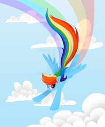 Size: 1500x1800 | Tagged: safe, artist:joellethenose, imported from derpibooru, rainbow dash, pegasus, pony, cloud, female, flying, lineless, looking at you, mare, rainbow trail, sky, smiling, solo, spread wings, watermark, windswept mane, wings