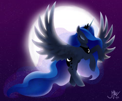 Size: 1800x1500 | Tagged: safe, artist:joellethenose, imported from derpibooru, princess luna, alicorn, pony, eyes closed, female, flying, jewelry, mare, moon, night, regalia, signature, sky, solo, spread wings, stars, wings