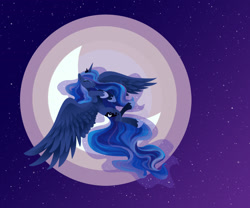 Size: 1800x1500 | Tagged: safe, artist:joellethenose, imported from derpibooru, princess luna, alicorn, pony, eyes closed, female, flying, jewelry, mare, moon, night, regalia, sky, smiling, solo, spread wings, stars, watermark, wings