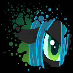 Size: 1400x1400 | Tagged: safe, artist:joellethenose, imported from derpibooru, queen chrysalis, changeling, changeling queen, angry, black background, close-up, female, floppy ears, looking at you, paint splatter, simple background, solo, watermark