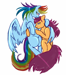 Size: 1400x1600 | Tagged: safe, artist:yorukami, imported from derpibooru, rainbow dash, scootaloo, pegasus, pony, duo, female, frown, holding each other, hoof on head, hug, lesbian, mare, missing cutie mark, older, older scootaloo, sad, scootadash, shipping, simple background, white background, winghug, wings