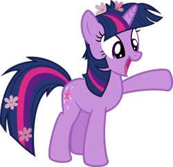 Size: 1884x1819 | Tagged: safe, alternate version, artist:sollace, derpibooru exclusive, imported from derpibooru, twilight sparkle, pony, unicorn, it's about time, .svg available, clean, cute, female, flower, flower in hair, full body, happy, hooves, horn, mare, messy mane, open mouth, open smile, raised hoof, simple background, smiling, solo, standing, svg, tail, transparent background, twilynanas, unicorn twilight, vector
