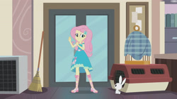 Size: 3410x1920 | Tagged: safe, imported from derpibooru, screencap, angel bunny, fluttershy, human, rabbit, equestria girls, equestria girls series, so much more to me, animal, broom, clothes, cutie mark on clothes, duo, duo male and female, female, geode of fauna, hairpin, high res, jewelry, magical geodes, male, necklace, sandals, smiling