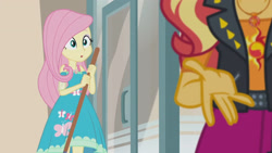 Size: 3410x1920 | Tagged: safe, imported from derpibooru, screencap, fluttershy, sunset shimmer, human, equestria girls, equestria girls series, so much more to me, :o, broom, clothes, cute, cutie mark on clothes, duo, duo female, female, geode of empathy, geode of fauna, high res, jewelry, leather, leather vest, magical geodes, necklace, open mouth, shyabetes, vest