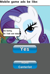 Size: 1358x2030 | Tagged: safe, edit, edited screencap, editor:dematrix-edit, imported from derpibooru, screencap, rarity, pony, unicorn, bedroom eyes, female, mare, meme, mobile game ads be like, shitposting, solo, text