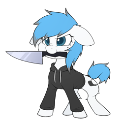 Size: 600x600 | Tagged: safe, artist:scarlet-spectrum, imported from derpibooru, oc, oc only, oc:picture in picture, pegasus, pony, angry, beauty mark, clothes, commission, floppy ears, hoodie, knife, mouth hold, nose wrinkle, simple background, solo, transparent background, ych result