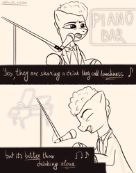 Size: 1697x2160 | Tagged: safe, artist:d3f4ult_4rt1st, imported from derpibooru, oc, earth pony, pony, billy joel, clothes, emotional, lyrics, microphone, musical instrument, necktie, piano, piano man, ponified, singing, sketch, solo, suit, text