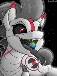 Size: 1683x2243 | Tagged: safe, artist:rubiont, imported from derpibooru, oc, oc:rubiont, pony, robot, robot pony, 8/8, macro, macro/micro, open mouth, planet, space, tongue out, uvula, vore, vore day, voreday 2022