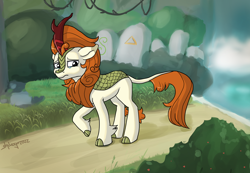 Size: 3250x2250 | Tagged: safe, artist:shikogo, imported from derpibooru, autumn blaze, kirin, crying, female, mare, sad, solo, water, waterfall