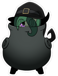 Size: 1051x1392 | Tagged: safe, artist:sefastpone, imported from derpibooru, oc, oc only, oc:coven, earth pony, pony, cauldron, clothes, eye clipping through hair, hat, hiding, male, simple background, stallion, transparent background, witch hat