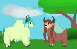 Size: 1280x812 | Tagged: safe, artist:spectrum205, imported from derpibooru, sandbar, yona, yak, cloven hooves, duo, ear piercing, earring, female, jewelry, male, piercing, shipping, species swap, straight, tree, yak sandbar, yakified, yonabar