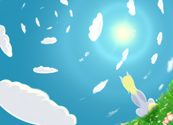 Size: 3987x2880 | Tagged: safe, artist:drakang, imported from derpibooru, derpy hooves, pegasus, pony, cloud, female, flower, grass, mare, rear view, relaxing, sitting, sky, solo, summer, sun