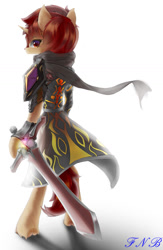 Size: 850x1307 | Tagged: safe, artist:fnb, imported from derpibooru, oc, oc only, oc:炎魔, semi-anthro, armor, cape, clothes, looking at you, scarf, solo, sword, weapon