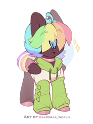 Size: 2100x2800 | Tagged: safe, artist:avroras_world, imported from derpibooru, oc, oc only, oc:walter evans, butterfly, pegasus, pony, butterfly on nose, choker, clothes, high res, hoodie, insect on nose, male, multicolored hair, multicolored mane, pegasus oc, short hair, short mane, short tail, simple background, solo, sparkles, stallion, tail, white background, wings